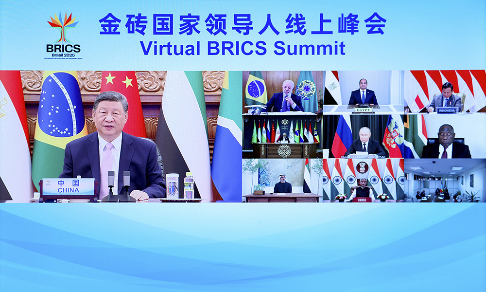 9月8日晚，國家主席習近平出席金磚國家領導人線上峰會，并發表題為《團結合作?砥礪前行》的重要講話。新華社記者 劉彬 攝